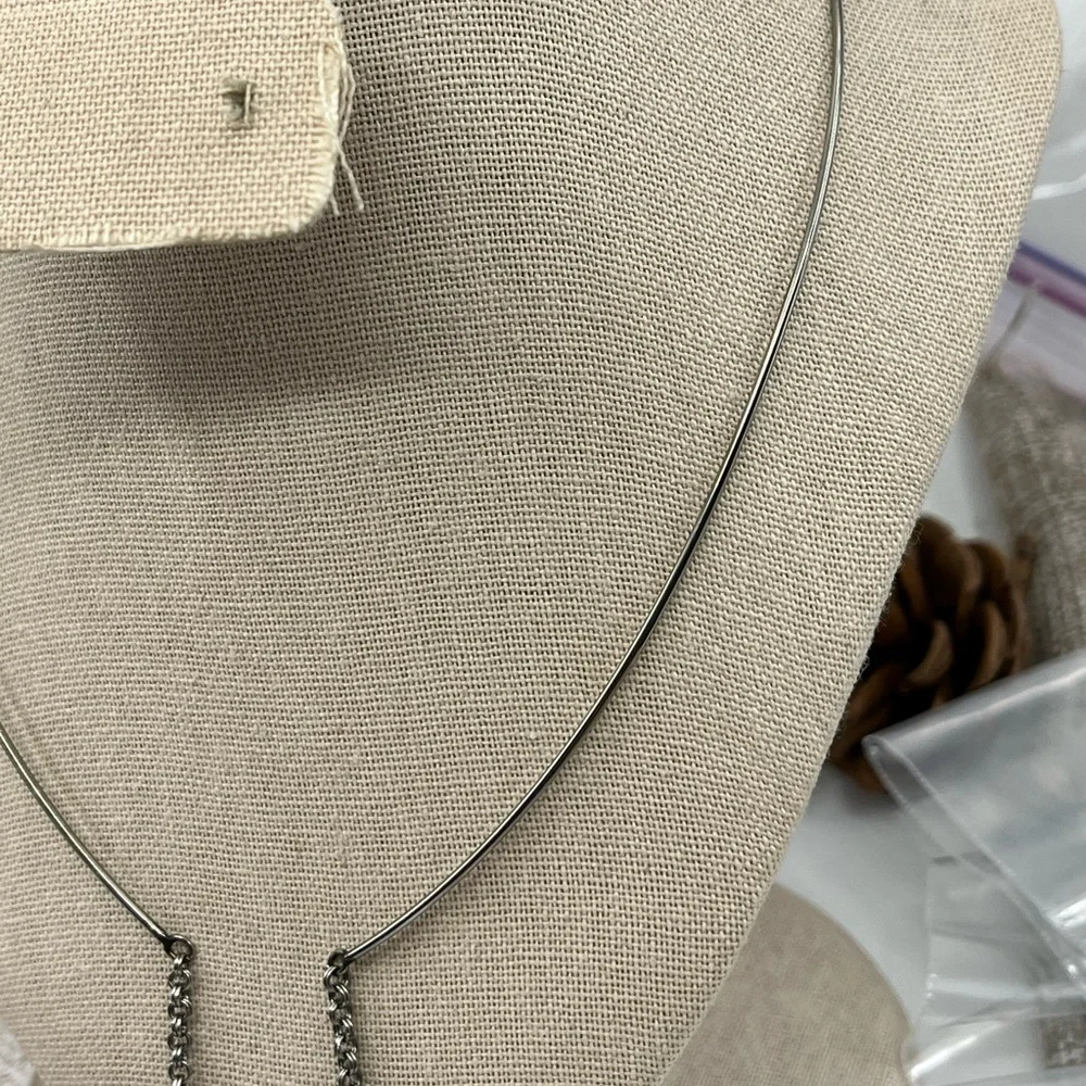 Early 2000s Stainless Steel Y-Neck Wire Collar Necklace with Turquoise